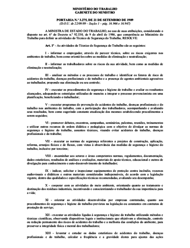 Portaria Nº 3.275, 21 de setembro de 1989 - Atividades do Técnico de Segurança do Trabalho