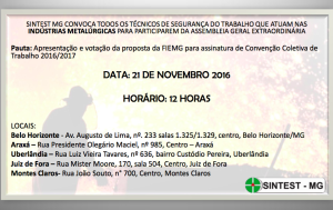 Sintest MG convoca todos os TSTs das indústrias metalúrgicas para participarem da AGE para aprovação de CCT 2016/2017